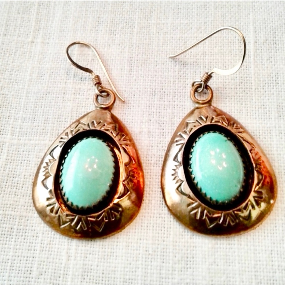 Native American Teddy Goodluck Navajo Vintage Turquoise 12 Kt Gold Earrings - Picture 2 of 10